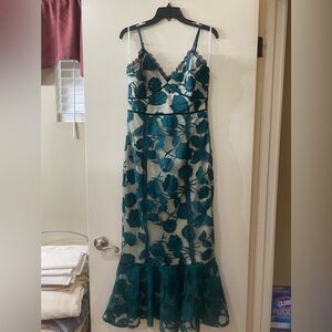 Lulu's Emerald Green Floral Mesh Lace Midi Dress